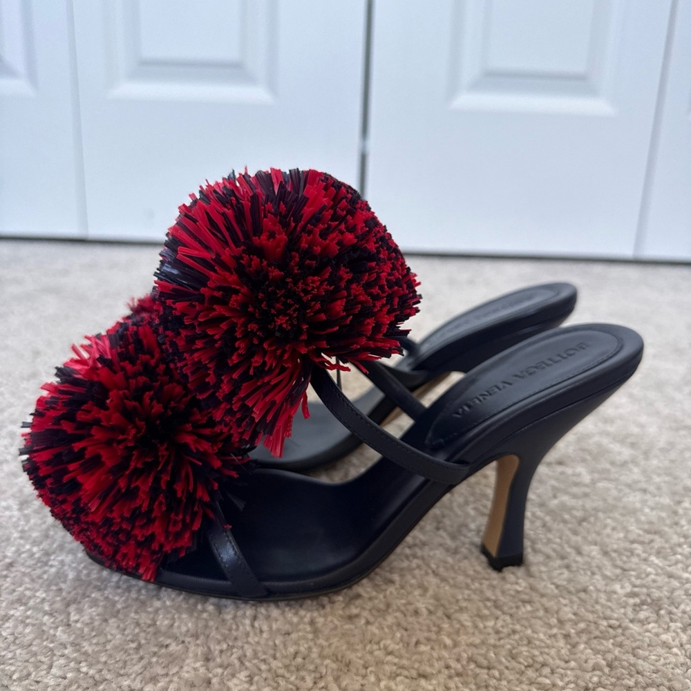 Bottega Veneta Adam navy and red sandal mule heels with Red Pom-Poms